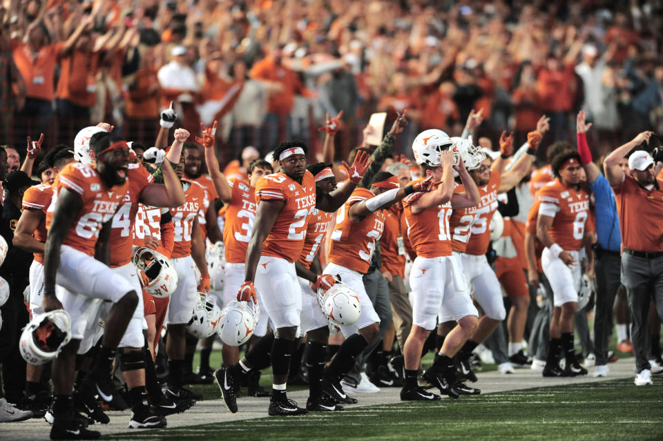 AUSTIN, TX - NOVEMBER 09: The Texas Longhorns sideline reacts to the game winning field goal as time expires to give them a 27 - 24 win over the Kansas State Wildcats on November 9, 2019 at Darrell K Royal-Texas Memorial Stadium in Austin, Texas. (Photo by John Rivera/Icon Sportswire via Getty Images)