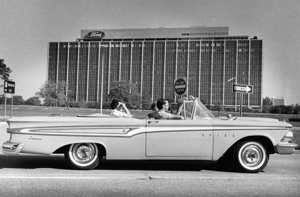 An Edsel cruises by Ford World Headquarters in August 1977. Ford discontinued the Edsel in 1960.