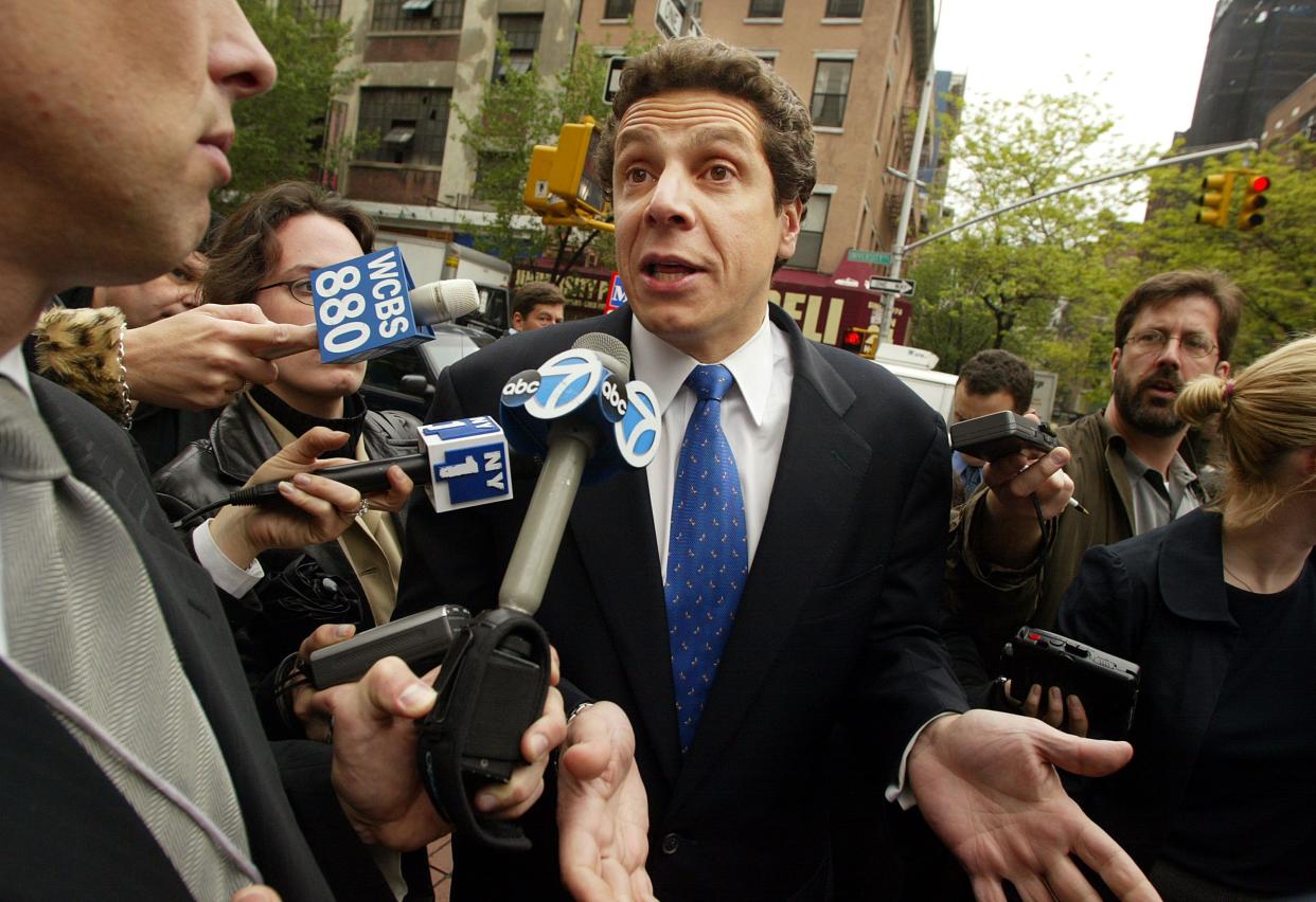 New York Democratic Gubernatorial candidate Andrew Cuomo speaks about his support of raising the state minimum wage at a rare event with fellow Democratic candidate Carl McCall May 2, 2002 in New York .