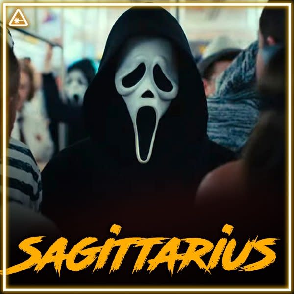 image of ghostface horror villain with sagittarius in scrawling orange letters at the bottom for his zodiac sign