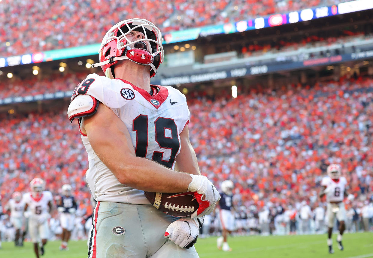 If Georgia TE Brock Bowers fell to No. 15, Colts fans would probably feel like, well, this. (Photo by Kevin C. Cox/Getty Images)