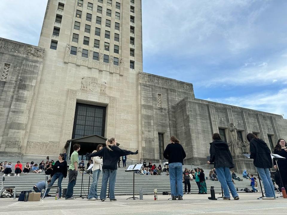 students protest dont say gay bill theatre performance Louisiana Baton Rouge state capitol building