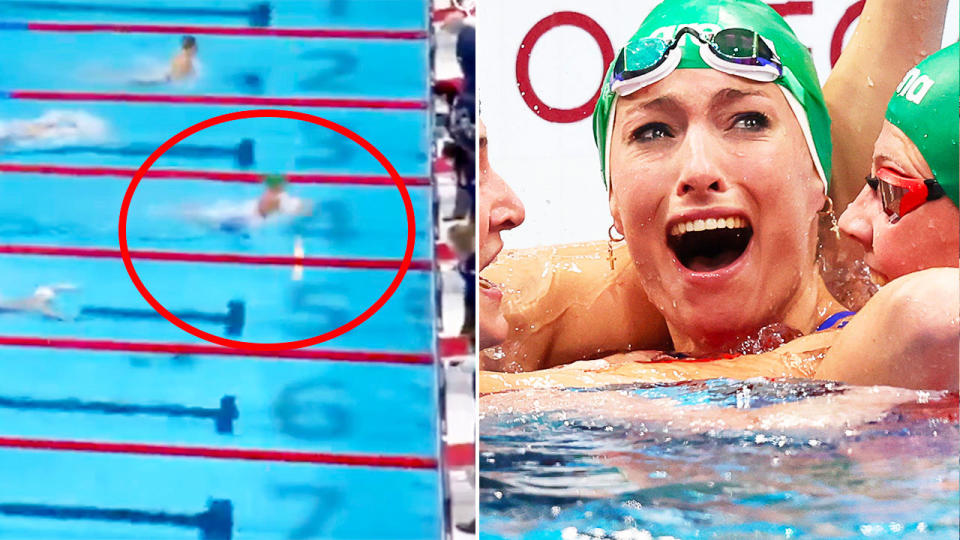 Pictured here, Tatjana Schoenmaker looks shocked after breaking the world record in the 200m breaststroke.