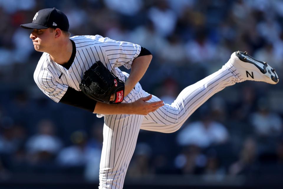 Yankees starting pitcher Michael King follows through on a pitch against the Houston Astros during the 10th inning of the game on June 26 in New York.