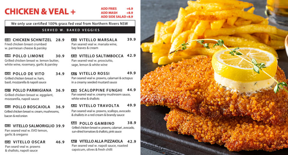 The menu Skinny Tony's (left) and an example of a chicken schnitzel (right).