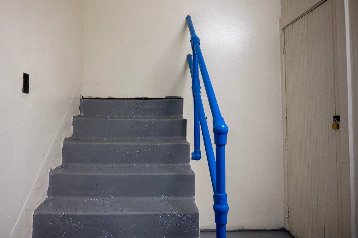 A staircase leading nowhere is seen at Central Middle School on Tuesday, April 16, 2024, in Kansas City, Kansas. It was walled off after a renovation of the school’s old gymnasium, which was repurposed to house air-conditioning units and classroom space. Emily Curiel/ecuriel@kcstar.com