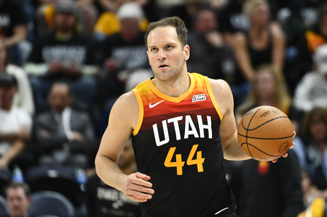 SALT LAKE CITY, UTAH - APRIL 28: Bojan Bogdanovic #44 of the Utah Jazz in action during the second half of Game 6 of the Western Conference First Round Playoffs against the Dallas Mavericks at Vivint Smart Home Arena on April 28, 2022 in Salt Lake City, Utah. NOTE TO USER: User expressly acknowledges and agrees that, by downloading and/or using this Photograph, user is consenting to the terms and conditions of the Getty Images License Agreement. (Photo by Alex Goodlett/Getty Images)