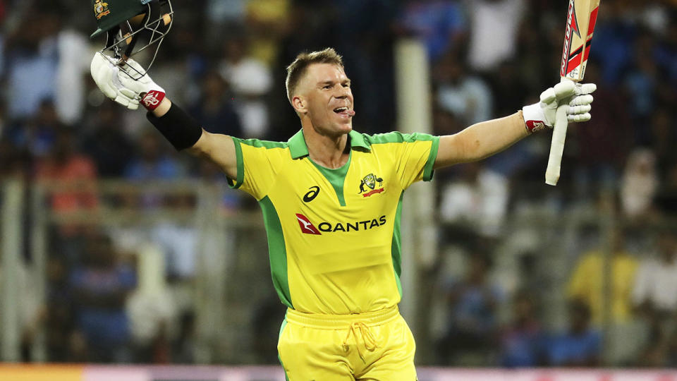 David Warner, pictured here celebrating after scoring a century against India.