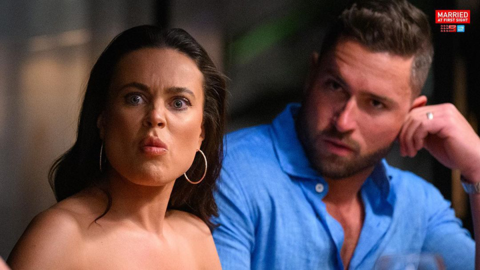 MAFS' Bronte and Harrison looking shocked.