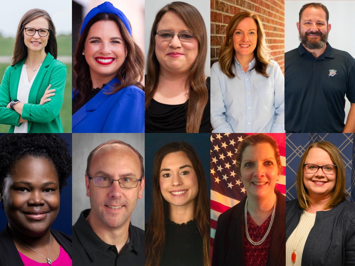The Oklahoma Teacher of the Year finalists are: First row, from left: Amanda Bowser, Amanda Winn, Nichole Leib, Lisa Sager, Brian Muller. Second row, from left: Stephanie Overby, Jake Henderson, Frances Millspaugh, Laura Powell and Rachel Keith.