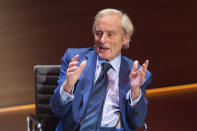 FILE - In this Oct. 9, 2015 file photo, journalist Harold Evans speaks during an event. Evans, the charismatic publisher, author and muckraker, has died at 92. His wife, fellow author-publisher Tina Brown, said he died of congestive heart failure, it was reported on Thursday, Sept. 24, 2020. He was a bold-faced name for decades, from exposing wrongdoing in 1960s London, to publishing such 1990s best-sellers as Joe Klein’s “Primary Colors.” (Dominic Lipinski/PA via AP, File)