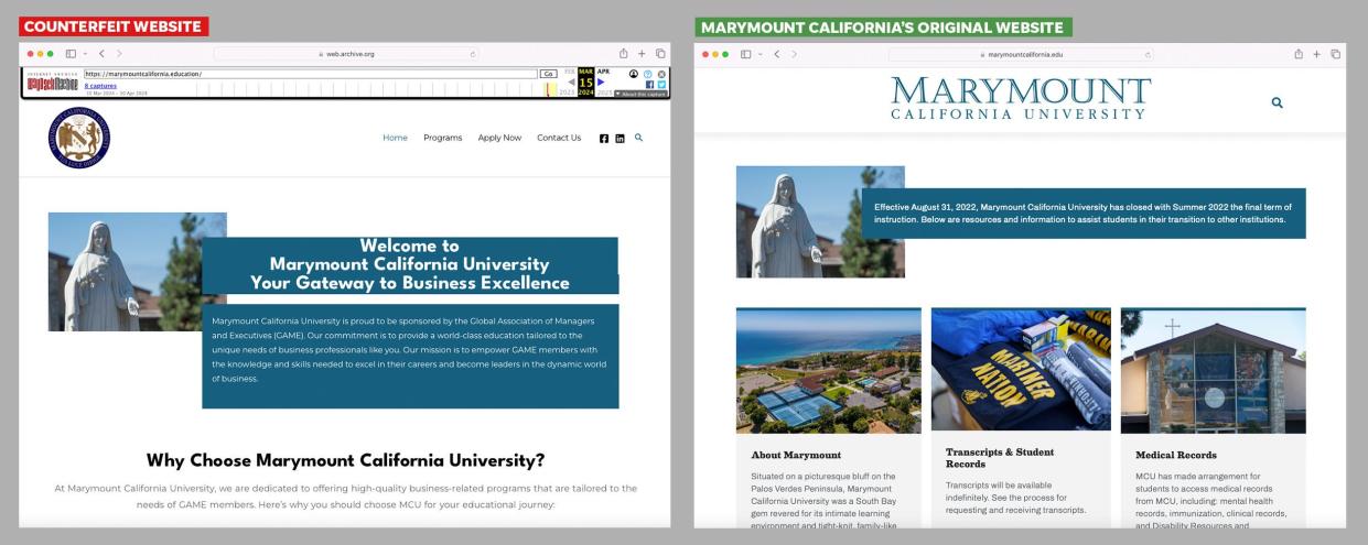 Marymount California University closed in 2022, but that hasn't prevented someone from setting up a replica of the college's website. That website recently came down as USA TODAY reported on the counterfeit universities.