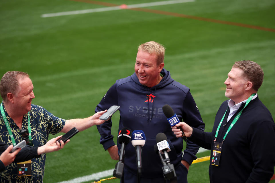 LAS VEGAS, NEVADA - MARCH 01: Sydney Roosters head coach Trent Robinson talks to the media before the NRL Captain's Run at Allegiant Stadium, on March 01, 2024, in Las Vegas, Nevada. (Photo by Ezra Shaw/Getty Images)