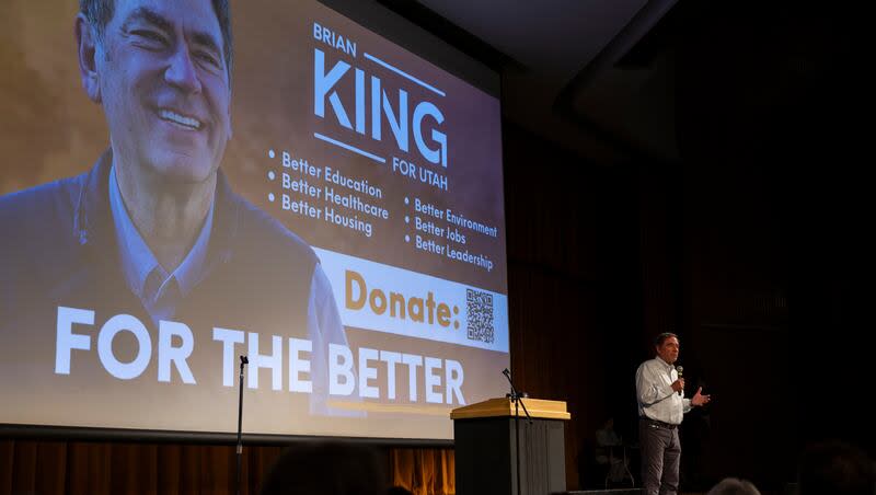 Gubernatorial candidate Brian King speaks during the Utah Democratic Party state convention at Cottonwood High School in Murray on Saturday, April 27, 2024.