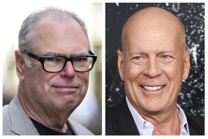 From left, Filmmaker Glenn Gordon Caron leaves the "AOL Build" taping at the AOL Studios on September 26, 2017 in New York City. Actor Bruce Willis appears at the premiere of "Glass" in New York on Jan. 15, 2019. (Photo by Ray Tamarra/GC Images and Evan Agostini/Invision/AP)