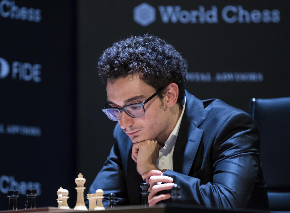 U.S. chess Grandmaster Fabiano Caruana during his match against Azerbajan’s Shakhriyar Mamedyarov in Berlin on March 23, 2018. Caruana won the tournament and the right to face Norway’s Magnus Carlsen. (Soeren Stache/dpa via AP)