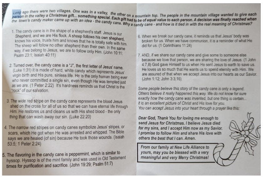 Photos of a pamphlet shared in class by a Santaluces High School teacher appears to have been created by New Life Alliance Church in Lake Clarke Shores. The school district is investigating the matter after receiving notice from a parent of the student in the class.