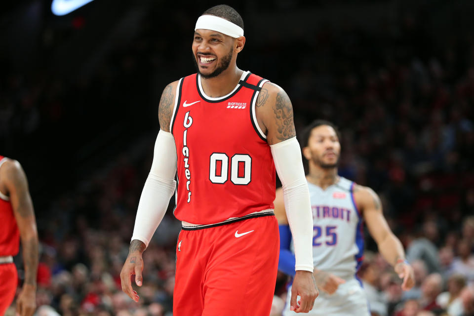 PORTLAND, OREGON - FEBRUARY 23: Carmelo Anthony #00 of the Portland Trail Blazers reacts in the fourth quarter against the Detroit Pistons during their game at Moda Center on February 23, 2020 in Portland, Oregon. NOTE TO USER: User expressly acknowledges and agrees that, by downloading and or using this photograph, User is consenting to the terms and conditions of the Getty Images License Agreement. (Photo by Abbie Parr/Getty Images)