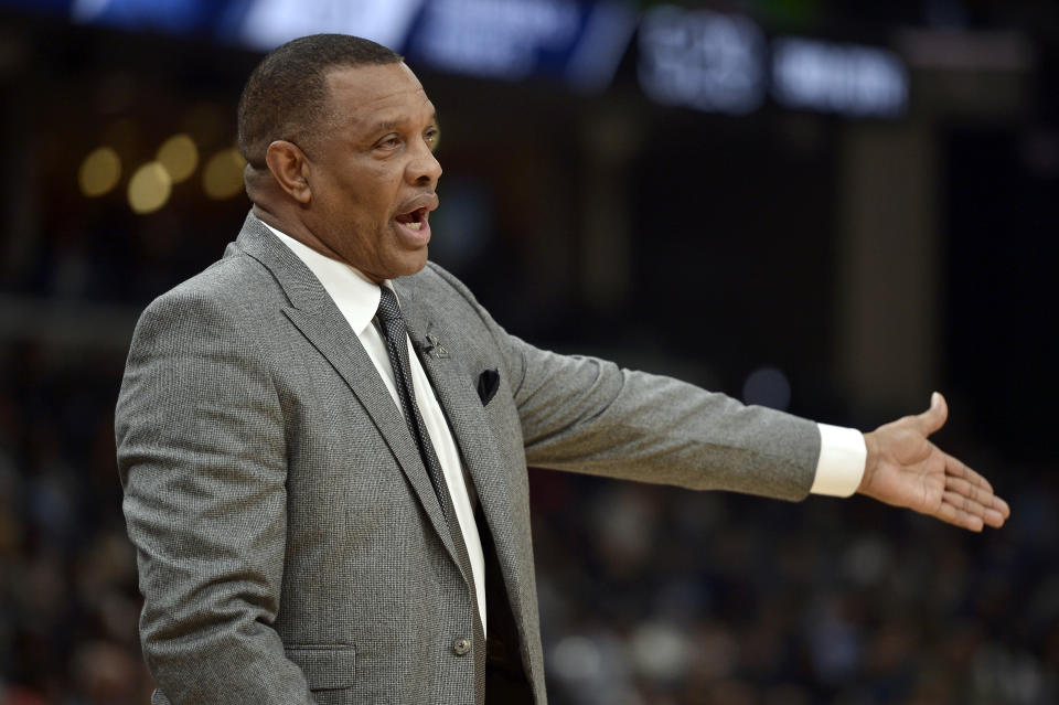 New Orleans Pelicans head coach Alvin Gentry reacts from the sideline in the second half of an NBA basketball game against the Memphis Grizzlies Monday, Jan. 20, 2020, in Memphis, Tenn. (AP Photo/Brandon Dill)
