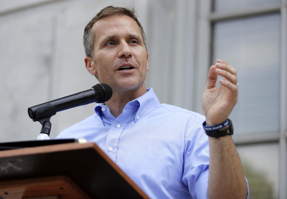 FILE - In this May 23, 2017, file photo, Missouri Gov. Eric Greitens speaks to supporters during a rally outside the state Capitol in Jefferson City, Mo. A judge on Tuesday, July 16, 2019, appointed a special prosecutor to investigate allegations that attorneys for former Gov. Greitens threatened to "ruin" St. Louis Circuit Attorney Kim Gardner last year if she didn't back off in a criminal investigation of Greitens. Gardner charged Greitens with a crime connected to an extramarital affair. The charge was dropped but Greitens resigned in June 2018. (AP Photo/Jeff Roberson, File)