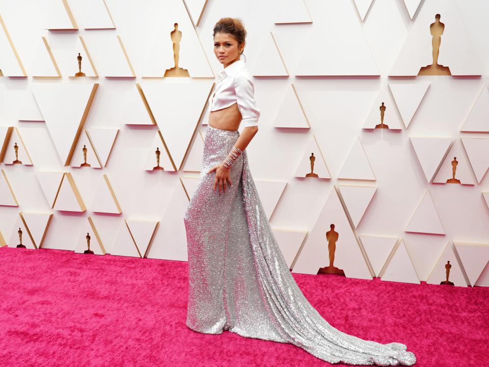 Zendaya in white crop and glittery skirt on oscars red carpet