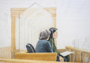 In this courtroom sketch, Meng Wanzhou, right, the chief financial officer of Huawei Technologies, sits beside a translator during a bail hearing at British Columbia Supreme Court in Vancouver, on Friday, Dec. 7, 2018. Meng faces extradition to the U.S. on charges of trying to evade U.S. sanctions on Iran. She appeared in a Vancouver court Friday to seek bail. (Jane Wolsak/The Canadian Press via AP)