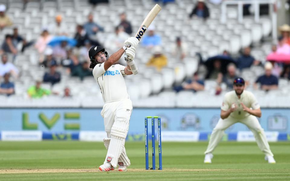 Colin de Grandhomme of New Zealand hits out during Day 5 of the First LV= Insurance Test Match between England and New Zealand at Lord's Cricket Ground on June 06, 2021 in London, England. - GETTY IMAGES