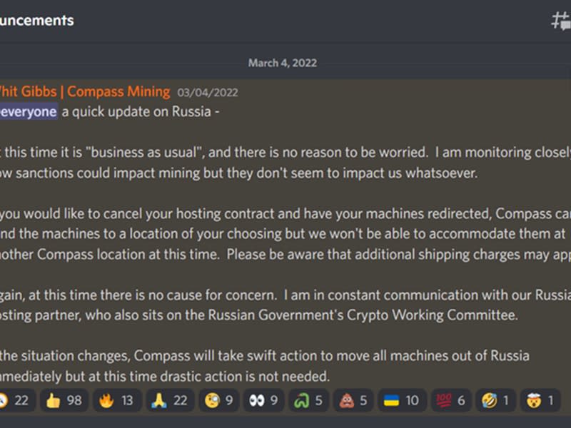 Compass' former CEO's initial response to the invasion of Ukraine and sanctions on Russia in the company Discord channel  (CoinDesk)