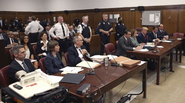 PHOTO: Former President Donald Trump appears in court with his legal team, right, for an arraignment on charges stemming from his indictment by a Manhattan grand jury, in New York City, April 4, 2023. (Andrew Kelly/Pool via Reuters)