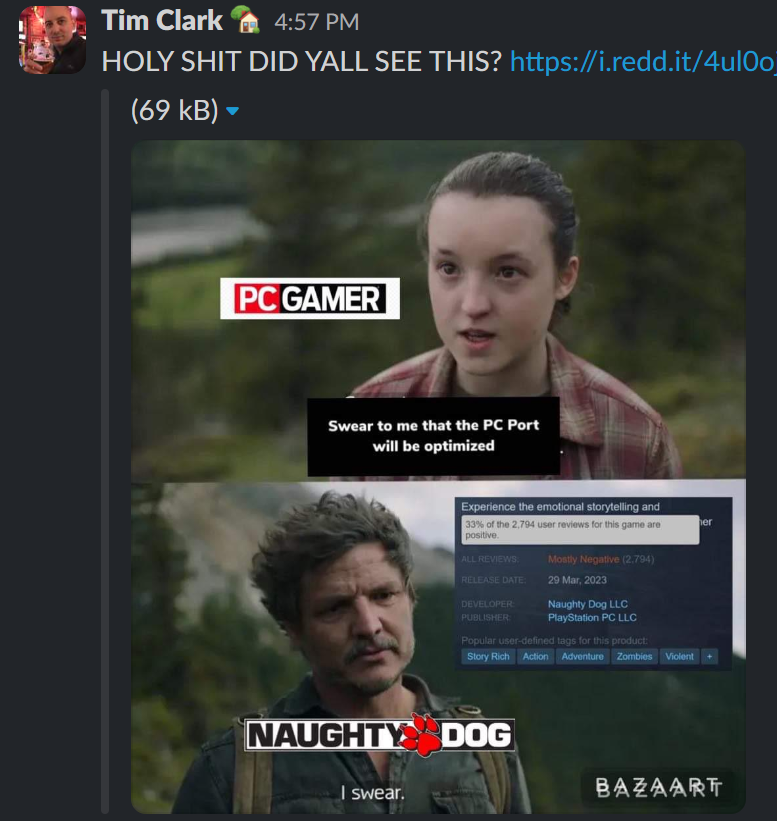 A screenshot of the PC Gamer slack, where Tim Clark has said 
