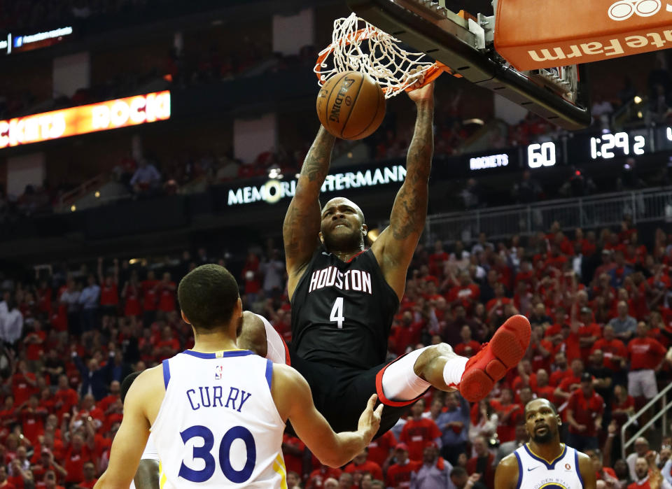 P.J. Tucker dunking in Stephen Curry’s face feels like a pretty apt summation of how Game 2 went for both the Houston Rockets and Golden State Warriors. (Getty)