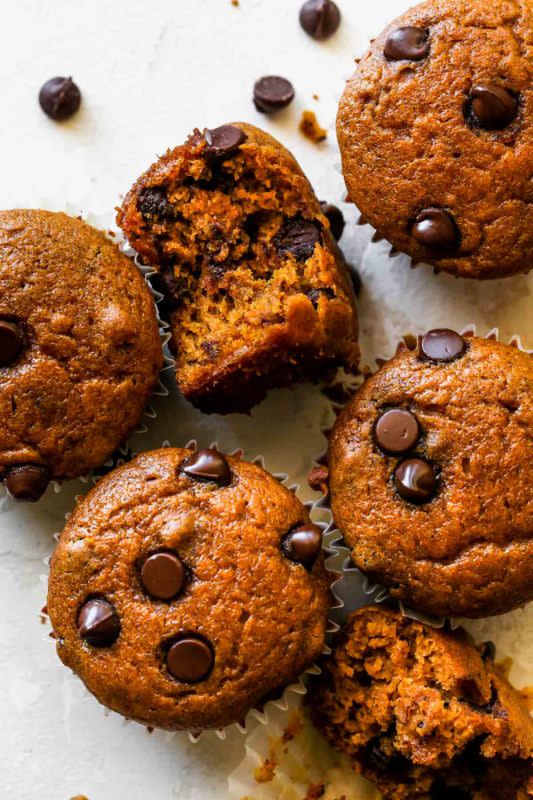 <p>Dishing Out Health</p><p>These gluten-free pumpkin chocolate chip muffins are supremely moist, naturally sweetened, and packed with pure pumpkin flavor. Prep a batch for the week, and enjoy these wholesome gluten-free pumpkin muffins on repeat. </p><p><strong>Get the recipe: <em><a href="https://dishingouthealth.com/pumpkin-chocolate-chip-muffins/" rel="nofollow noopener" target="_blank" data-ylk="slk:Healthy Pumpkin Chocolate Chip Muffins;elm:context_link;itc:0;sec:content-canvas" class="link ">Healthy Pumpkin Chocolate Chip Muffins</a></em></strong></p>