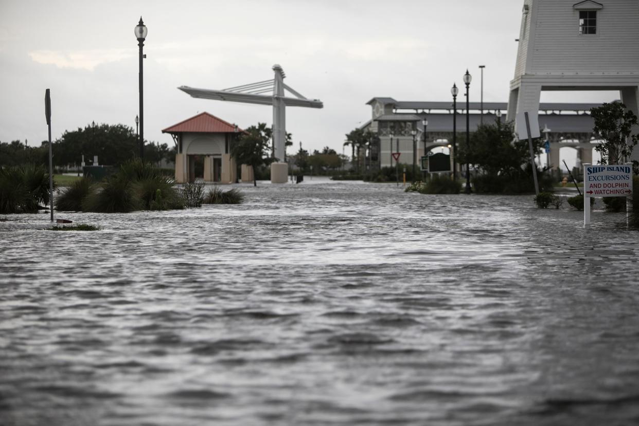 Jones Park in Gulfport, Miss. is flooded early Sunday, Aug. 29, 2021, from Hurricane Ida's storm surge ahead of the storm's landfall.