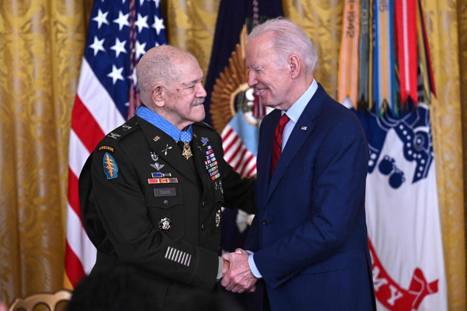 President Joe Biden awards the Medal of Honor to Vietnam War veteran and retired Army Col. Paris Davis on March 3, 2023.