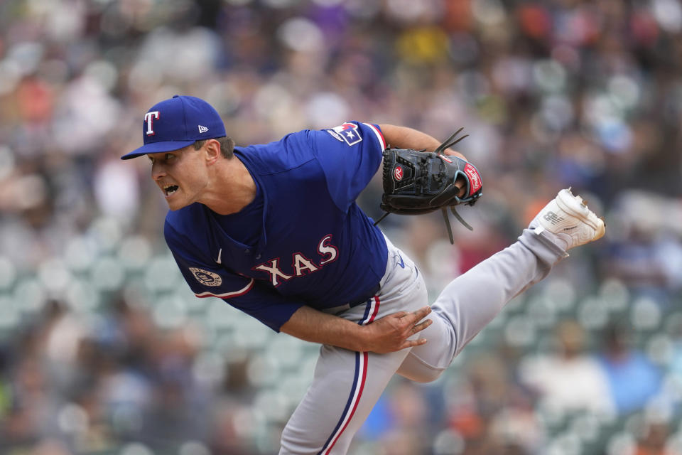 Texas Rangers pitcher Jack Leiter throws against the Detroit Tigers in the fourth inning of a baseball game, Thursday, April 18, 2024, in Detroit. (AP Photo/Paul Sancya)