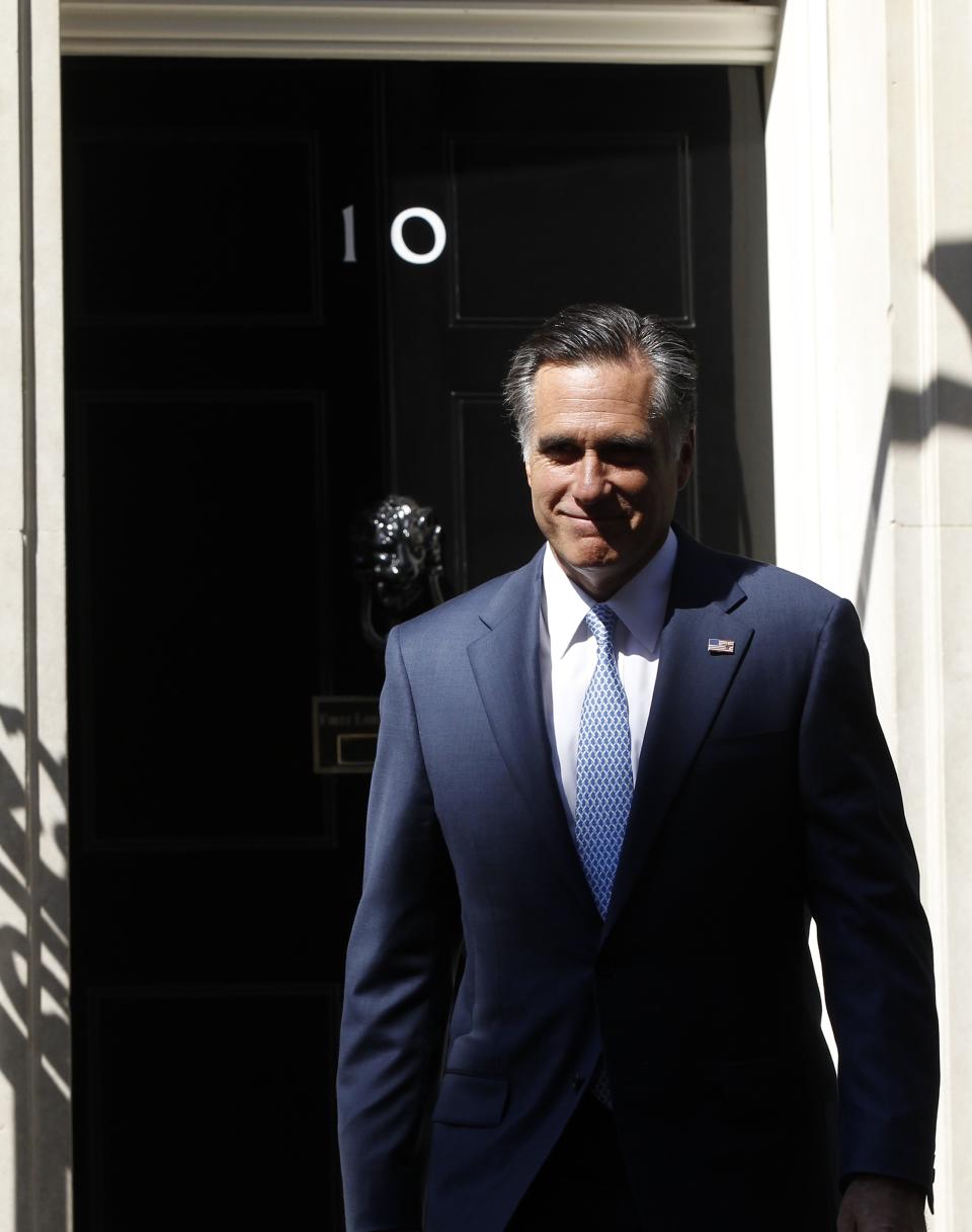 Republican presidential candidate, former Massachusetts Gov. Mitt Romney walks out of 10 Downing Street after meeting with British Prime Minister David Cameron in London, Thursday, July 26, 2012. (AP Photo/Charles Dharapak)