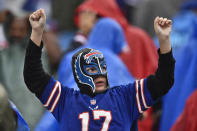 A Buffalo Bills fan celebrates minutes before the Bills defeated the Houston Texans 40-0 in an NFL football game, Sunday, Oct. 3, 2021, in Orchard Park, N.Y. (AP Photo/Adrian Kraus)