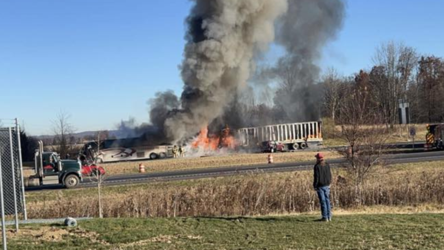 A fiery crash on I-70 West involving a charter bus and a semi has closed the highway in both directions. (Courtesy Photo/Adam Layton)