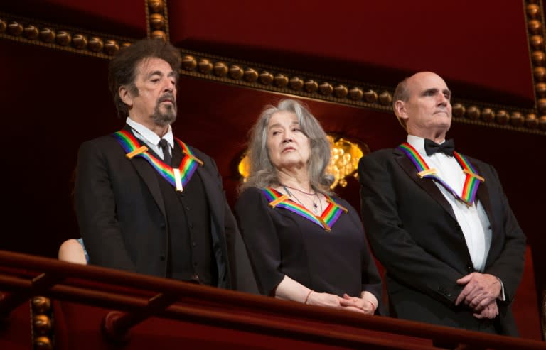 2016 Kennedy Center Honorees, actor Al Pacino (L), pianist Martha Agerich (C) and musician James Taylor (R) receive applause