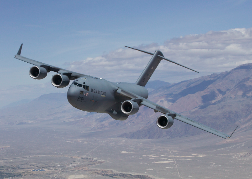 <p>The hefty Globemaster III cargo aircraft can carry a 69-ton M1 Abrams main battle tank, 170,900 pounds of gear, or up to <a href="https://www.af.mil/About-Us/Fact-Sheets/Display/Article/1529726/c-17-globemaster-iii/" rel="nofollow noopener" target="_blank" data-ylk="slk:102 fully-equipped paratroopers;elm:context_link;itc:0;sec:content-canvas" class="link ">102 fully-equipped paratroopers</a>. Despite its huge cargo capacity, the C-17 is built to operate from small and primitive airfields and can travel 2,400 nautical miles without refueling.</p>