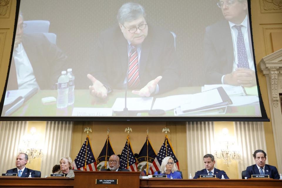 Former U.S. Attorney General Bill Barr is seen on video during his deposition for the public hearing of the U.S. House Select Committee to Investigate the January 6 Attack on the United States Capitol, on Capitol Hill in Washington, U.S., June 9, 2022. REUTERS/Jonathan Ernst (REUTERS)