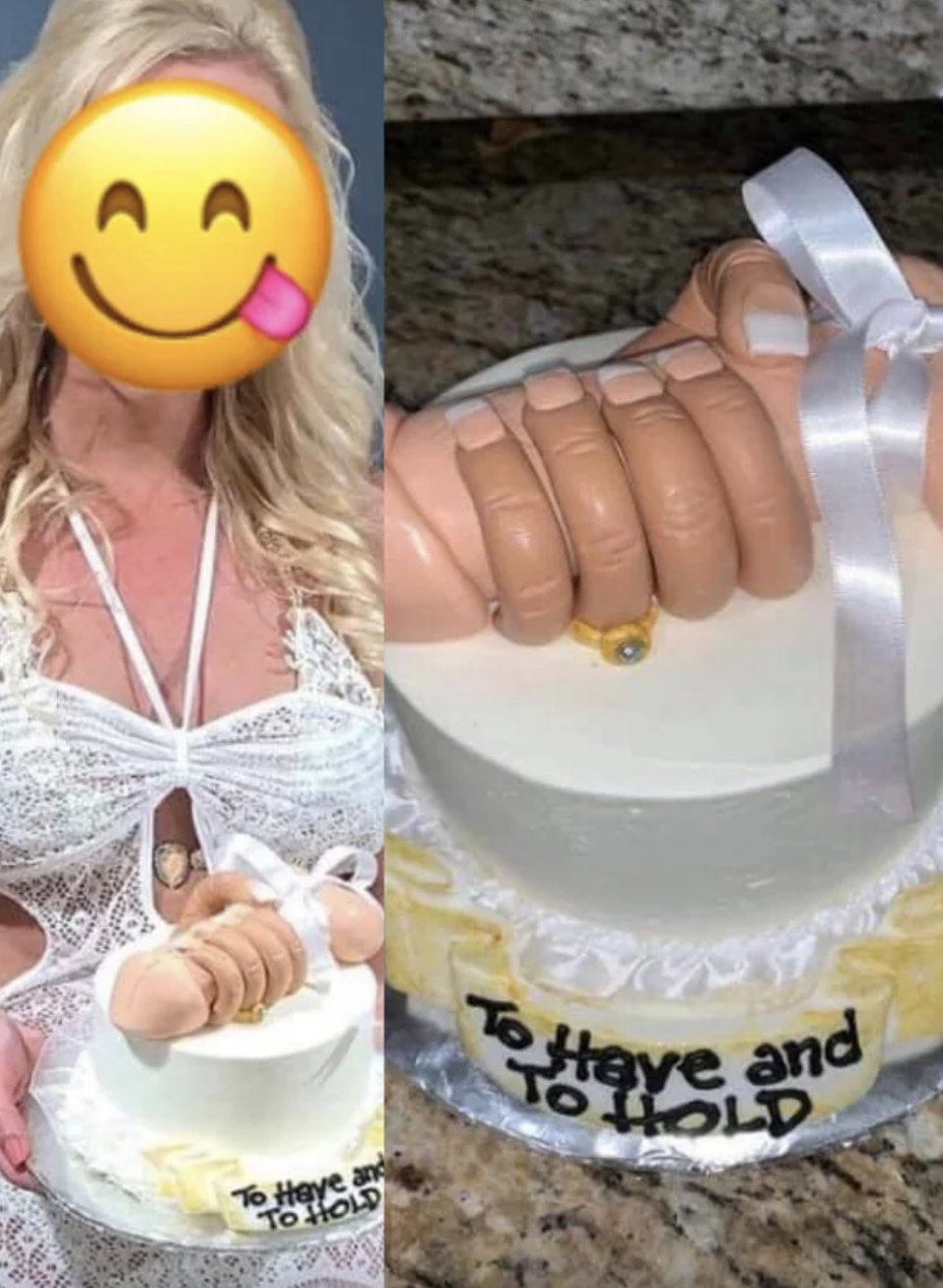The cake is topped with a penis that has a hand wrapped around it