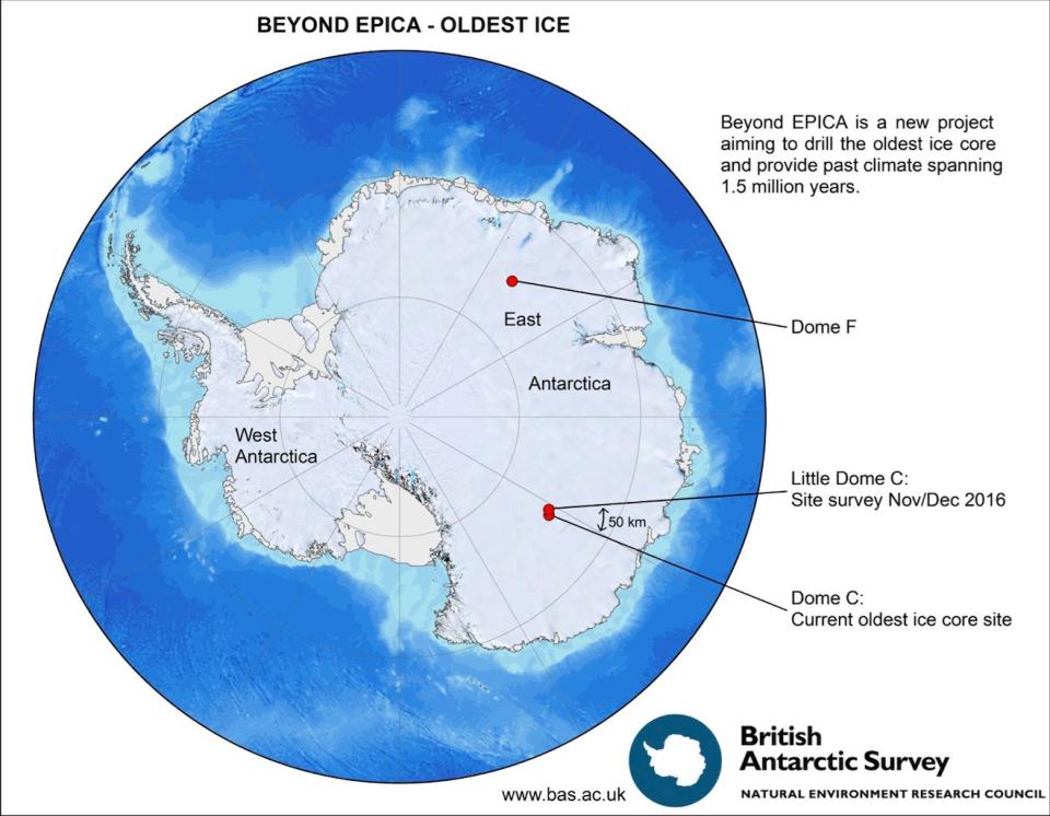 A map of potential drilling sites shows where the EPICA research team will travel to in Antarctica. <cite>Alfred Weigner Institute</cite>