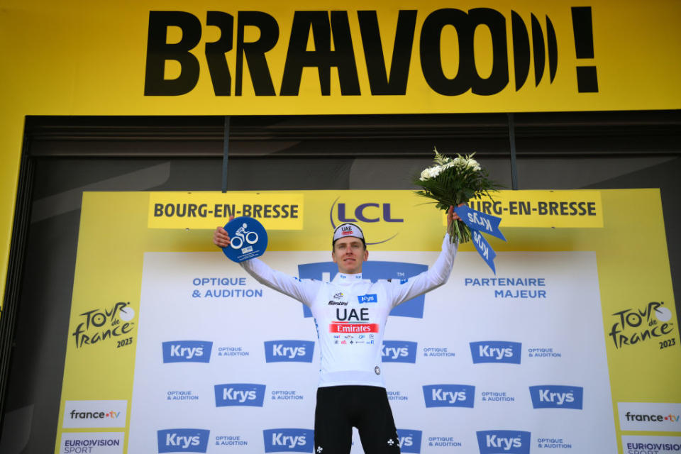 BOURGENBRESSE FRANCE  JULY 20 Tadej Pogacar of Slovenia and UAE Team Emirates celebrates at podium as White best young jersey winner during the stage eighteen of the 110th Tour de France 2023 a 1849km stage from Motiers to BourgenBresse  UCIWT  on July 20 2023 in BourgenBresse France Photo by David RamosGetty Images