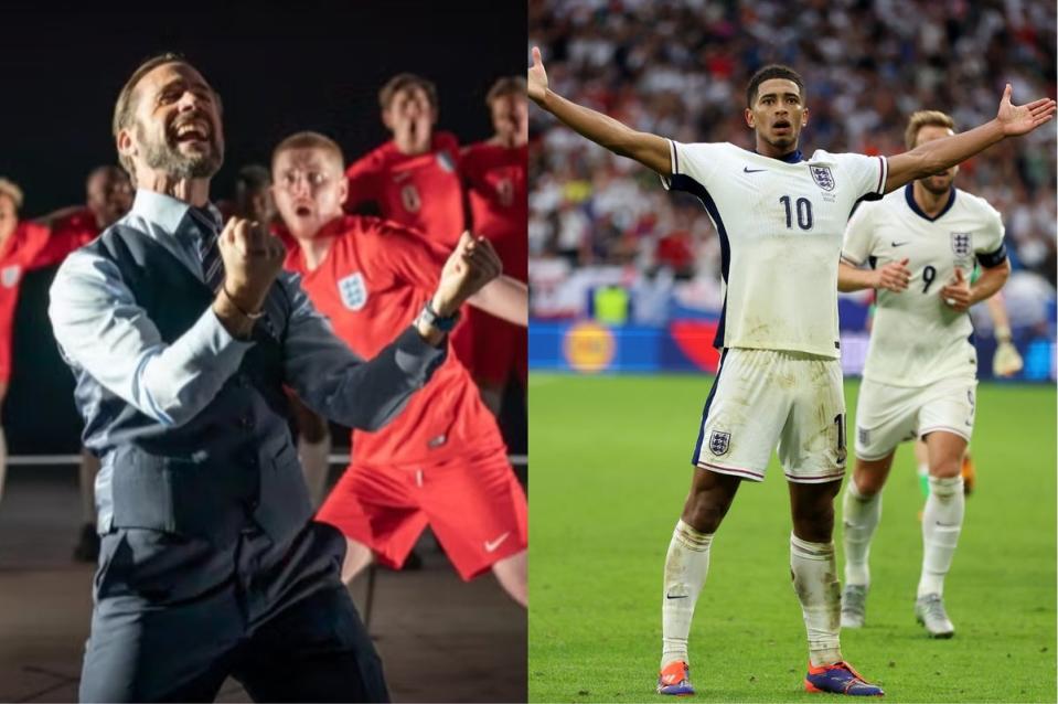 Joseph Fiennes as Gareth Southgate in ‘Dear England’, and Jude Bellingham at Euro 2024 (Marc Brenner/Getty)