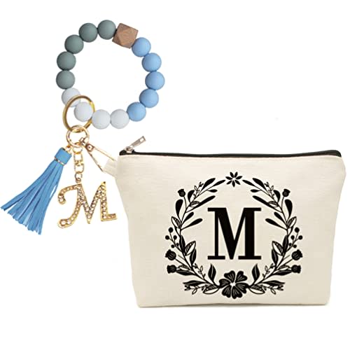 Cute Small Canvas Makeup Bag Personalized, Silicone Beaded Wristlet Bracelet Keychain with Initial, Flower Makeup Pouch Cosmetic Bag, Gift for Women, Teacher, Bridesmaids (Letter M)