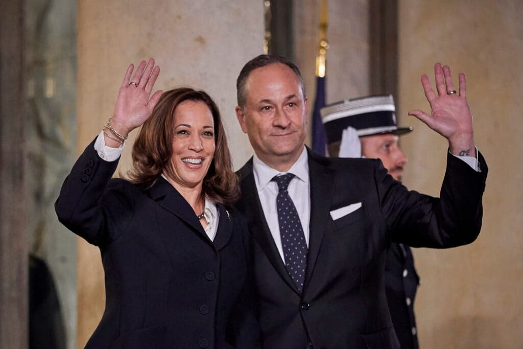 US Vice President Kamala Harris and her husband Douglas Emhoff arrive at the Elysee Palace for the inaugural dinner on the first day of the Paris Peace Forum on November 11, 2021 in Paris, France. (Photo by Kiran Ridley/Getty Images)