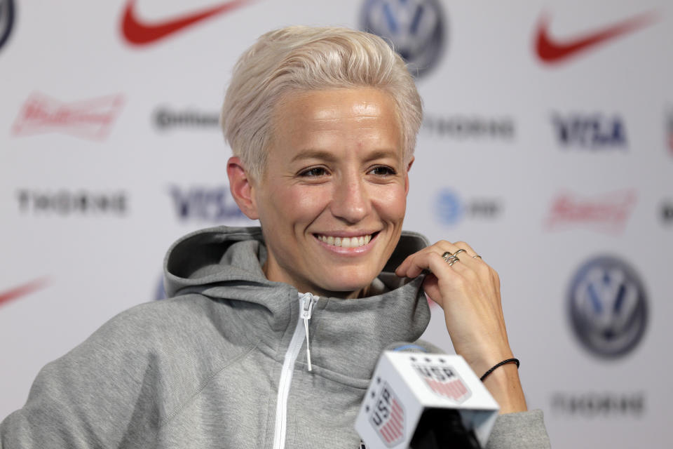 Megan Rapinoe, a member of the United States women's national soccer team, speaks to reporters during a news conference in New York, Friday, May 24, 2019. (AP Photo/Seth Wenig)