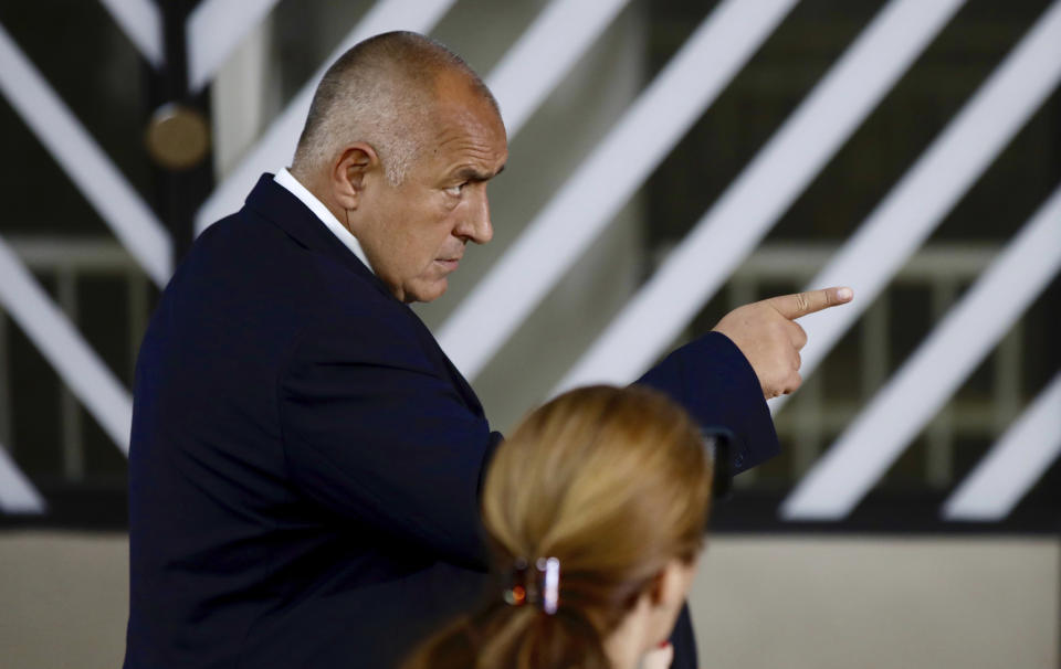 Bulgarian Prime Minister Boyko Borissov arrives for an EU summit in Brussels, Sunday, June 30, 2019. European Union leaders have started another marathon session of talks desperately seeking a breakthrough in a diplomatic fight over who should be picked for a half dozen of jobs at the top of EU institutions. (AP Photo/Olivier Matthys)