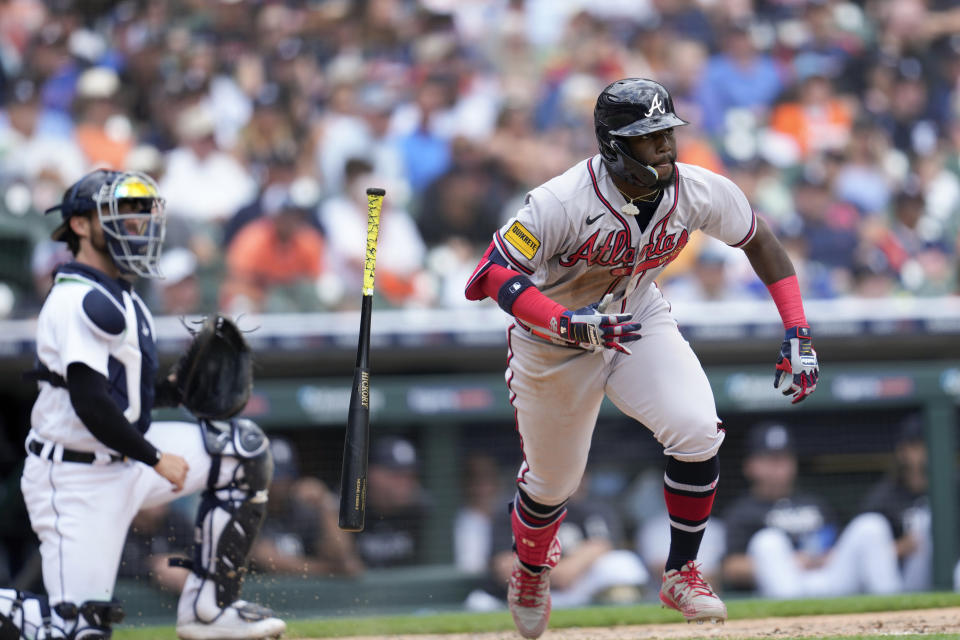 Atlanta Braves' Michael Harris II hits a two-run double against the Detroit Tigers in the fourth inning during the first baseball game of a doubleheader, Wednesday, June 14, 2023, in Detroit. (AP Photo/Paul Sancya)